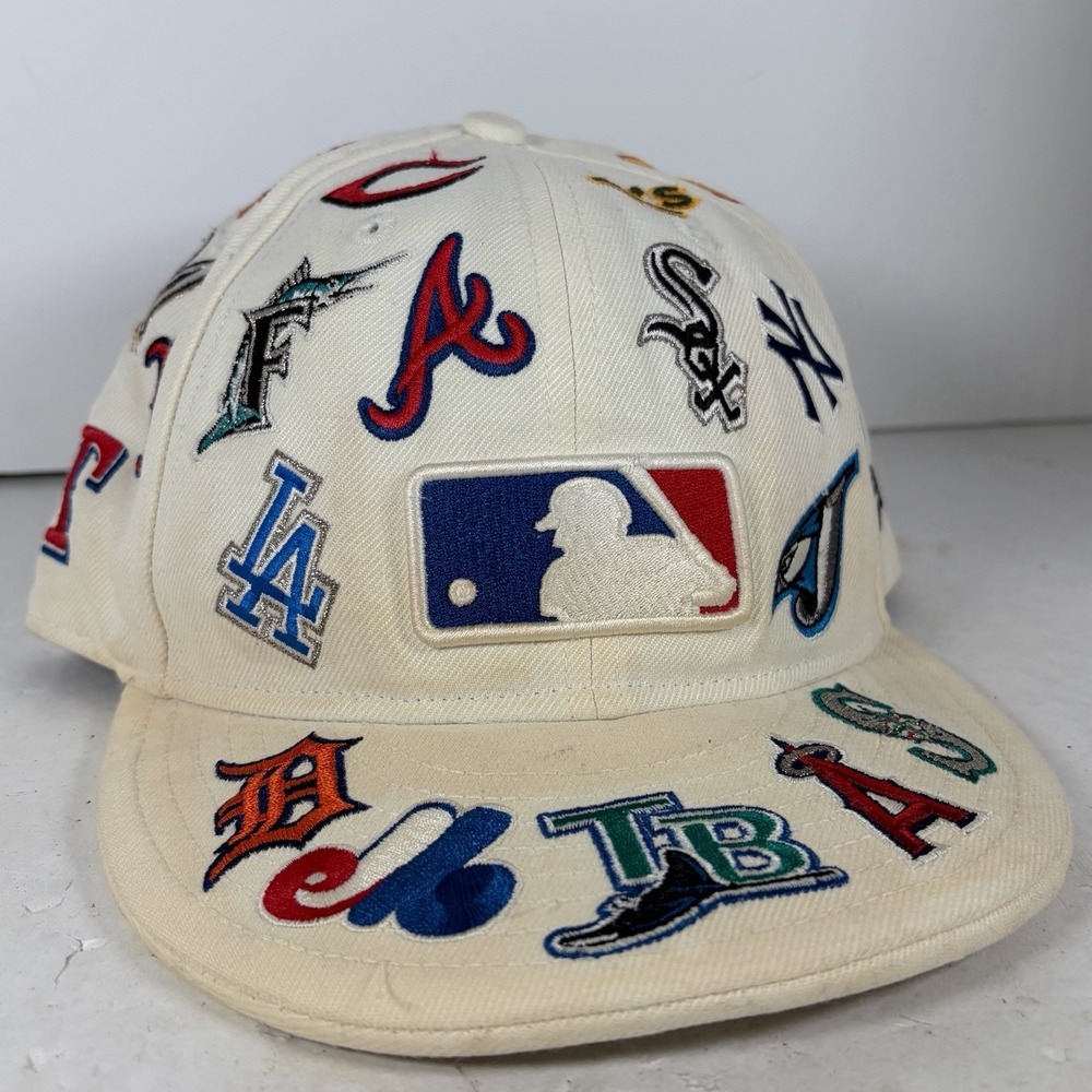 VTG Y2K New Era MLB All Over Print White 59FIFTY Fitted Hat 7 3/4